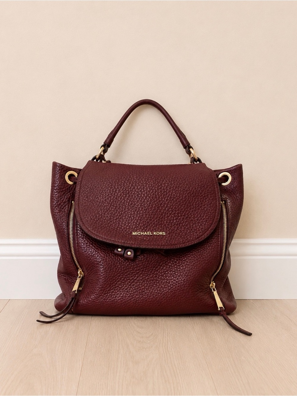 Michael Kors Deep Burgundy Pebbled Leather Satchel with Gold Hardware